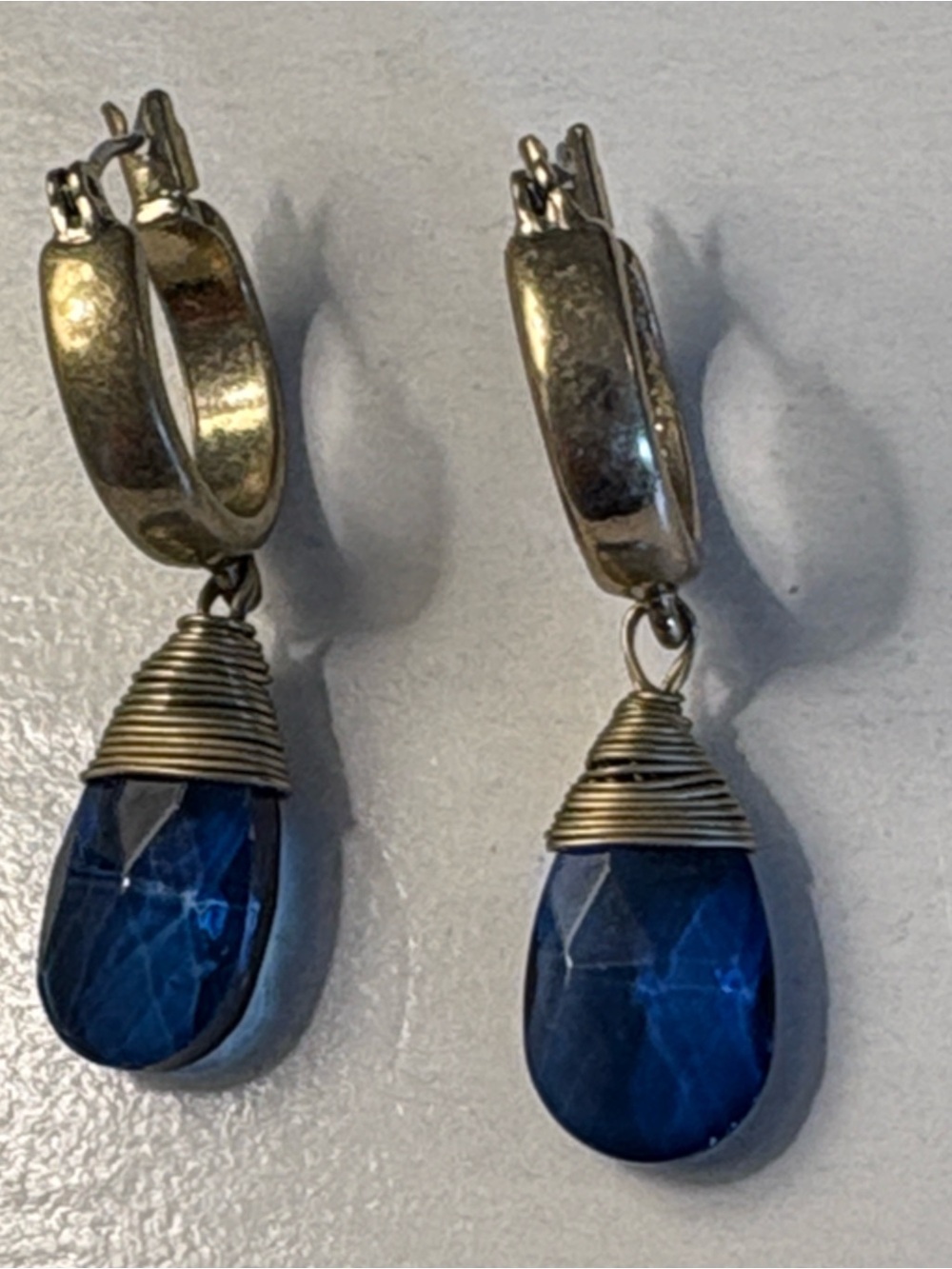 Artisanal wire-wrapped sapphire teardrop briolette dangle Huggie earrings